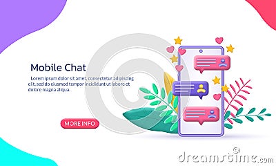 3d chat with speech bubbles and like icons banner. Text message or sms on the smartphone screen. Vector Illustration